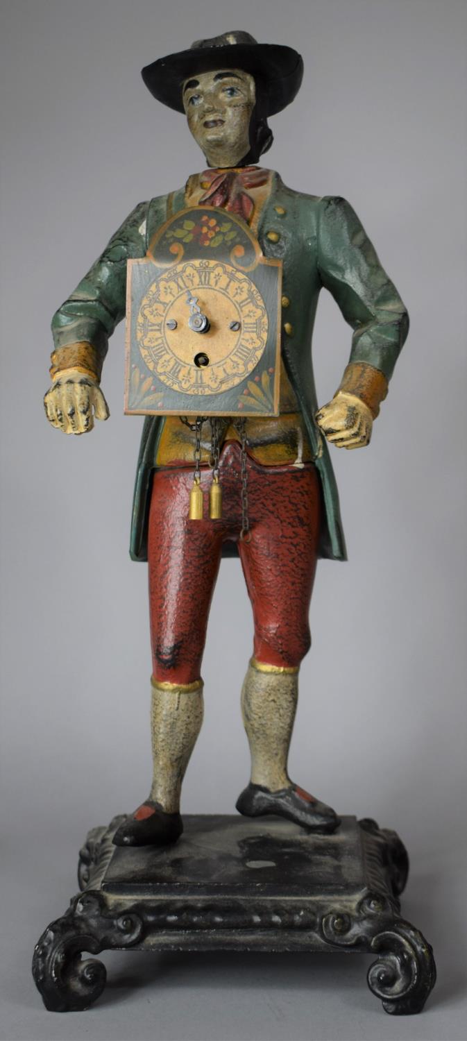 A Painted Spelter Novelty Figural Clock in the form of Gent with Coat and Hat, Marked P v R to Base,