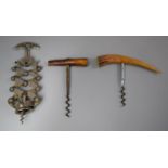 A Collection of Three Corkscrews to Include Zigzag and Two Bone Handled Examples