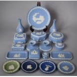 A Collection of Eighteen Pieces of Wedgwood Jasperware to include Lidded Pot, Vases, Candlestick