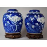 A Good Pair of Large Oriental Prunus Pattern Ginger Jars with Covers on Pierced Wooden Stands,