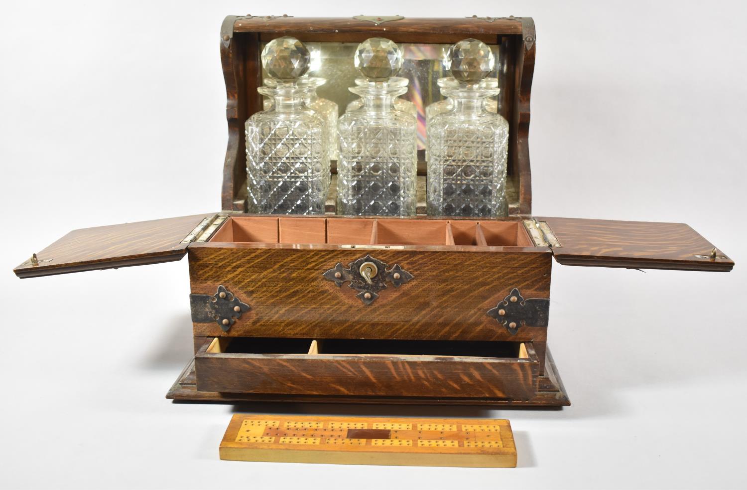 A Late 19th Century Silver Plate Mounted Three Bottle Games Tantalus with Hinged Lid to Games - Image 3 of 4