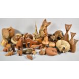 A Box of Carved Wooden Ornaments, Toadstools, Animals and Other Treen