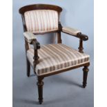 An Edwardian Mahogany Framed Ladies Armchair with Regency Stripe Upholstery, Scroll Arms and