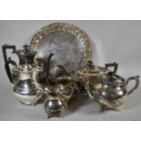 A Circular Sheffield Plated Tray Together with Silver Plated Coffee and Teapots, Cream and Sugar