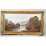 A Large Gilt Framed Oil on Canvas, River Scene, 100cm wide