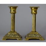 A Pair of Late 19th Century Brass Candlesticks of Ribbed Column Form on Square Plinth Bases 14cm