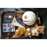 A Tray of Sundries to Include Sudoku Game, Arsenal Football, Soft Toys, Yes No Game and Small