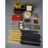 A Small Collection of Sundries to Include Bone Handled Cutlery, Vintage Tins, Alarm Clock etc