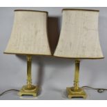 A Pair of Modern Brass Ribbed Column Table Lamps and Shades