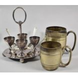 An Edwardian Silver Plated Egg Cup and Teaspoon Set Together with Two Silver Plated Tankards