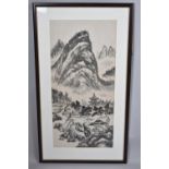 A Framed Chinese Woodblock Touched Up Print of Mountain, River and Pagoda, Red Seal Mark, 66cm High
