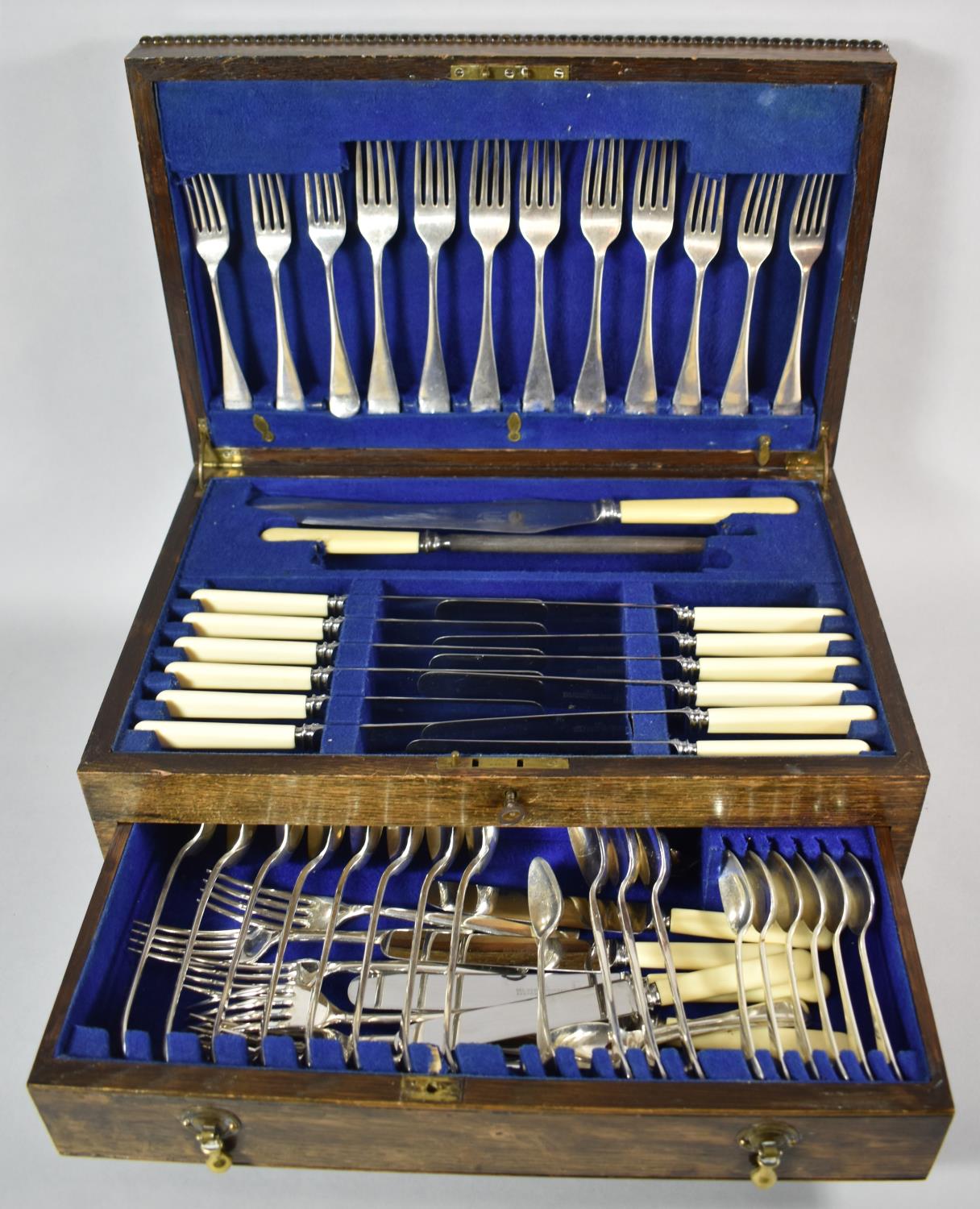 An Edwardian Oak Canteen of Bone Handled and Silver Plated Cutlery with Hinged to Top Fitted Top - Image 2 of 2