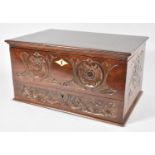 A Late 19th Century Mahogany Lift Top Workbox with Carved Front and Side Panels, Base Drawer, 35cm