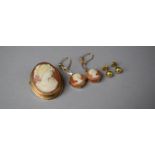 A 9ct Gold Framed Cameo Suite Comprising Brooch and Earrings and Pair of Yellow Metal Stud Earrings