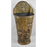 A Large Pressed Metal Fireside Stick Container Having Internal Scene and Armorial Decoration, 77cm