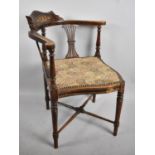 An Edwardian Inlaid Corner Chair with Tapestry Upholstered Seat