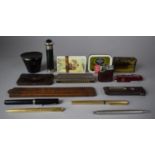A Collection of Curios to Include Various Vintage Pens Mouth Organ, Ruler, Pocket Lighter (We Can'