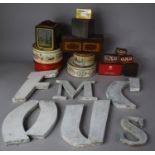 A Collection of Various Tins, Pewter Tea Caddy and Wall Hanging Letters