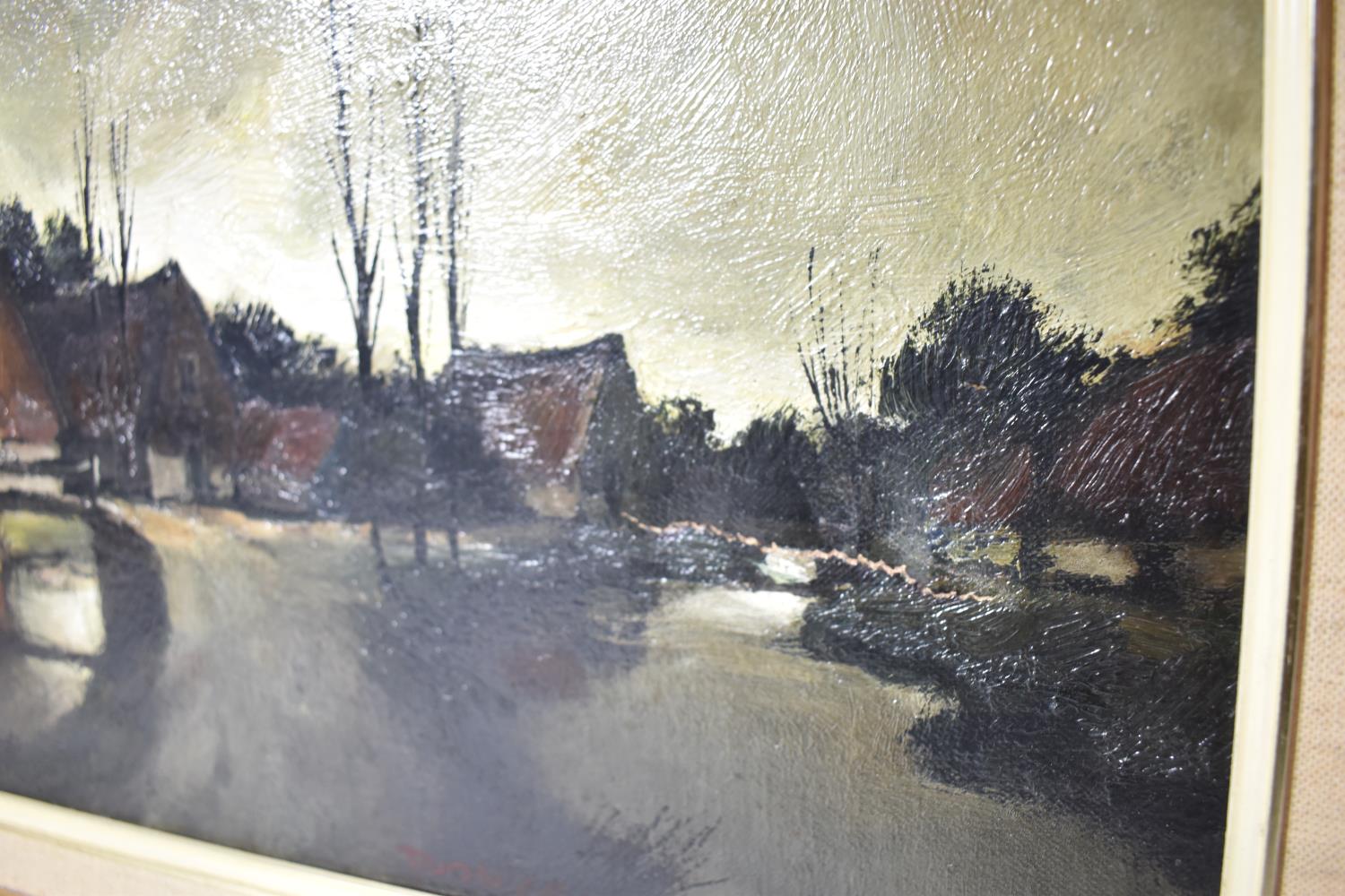 A Framed Oil on Canvas Depicting Continental Canal and River Scene, Canvas Torn, 39cm Wide - Image 2 of 3