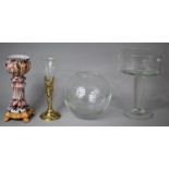 A Collection of Various Glassware to include Stand, Oval Vase, Trumpet Vase with Brass Pierced
