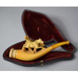 An Amber Mounted Carved Meerschaum Pipe Decorated with Carved Horses, In Case, 10.5cm Long