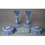 A Collection of Various Blue and White Wedgwood Jasperware to Include Tray, Two Lidded Boxes and a