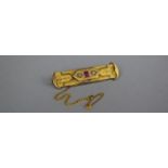A Yellow Metal Arts and Crafts Brooch Having Ruby and Pearl Mounts, 4.5cm Long