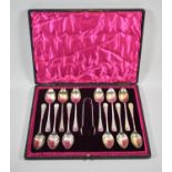 A Cased Set of 12 Walker & Hall Silver Plated Teaspoons with Etched Terminals Monogrammed M,