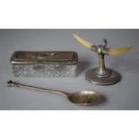 A Silver Topped Glass Dressing Table Box, Silver Teaspoon and a Silver Mounted Ring Holder
