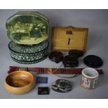 A Box of Sundries to Include Vintage Tins, Oriental Vase Stands, Egyptian Scarab Beetle, Souvenir