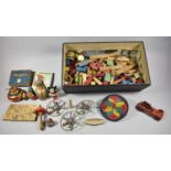 A Box of Vintage Building Block Toys, Spinning Tops etc