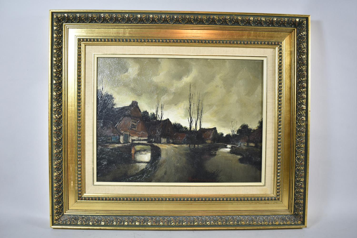 A Framed Oil on Canvas Depicting Continental Canal and River Scene, Canvas Torn, 39cm Wide