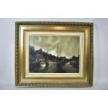 A Framed Oil on Canvas Depicting Continental Canal and River Scene, Canvas Torn, 39cm Wide