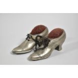 A Pair of Novelty Pewter Pin Cushions in the Form of Ladies Shoes, 10cm Long