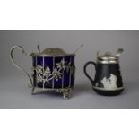 Two Mustard Pots, Wedgwood Jasperware with Silver Top and Silver Spoon Hallmarked 1905 Together with