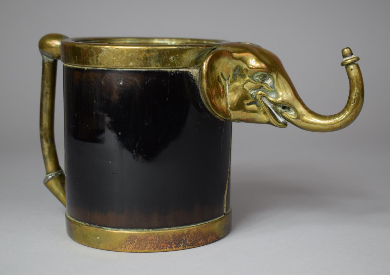 A Colonial Brass and Tortoiseshell Tankard with Glass Bottom and Hanging Hook in the Form of an - Image 2 of 7