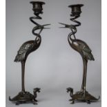 A Pair of Japanese Meiji Period Bronze Candle Sticks Each in the Form of a Stork Standing on the