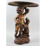 A Modern Faux Carved Wood Figural Wine Table with Circular Top and Support in the Form of Cherub