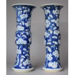 A Pair of 19th Century Chinese Blue and White Gu Shape Prunus Vases, Each 30cm high Both with Losses