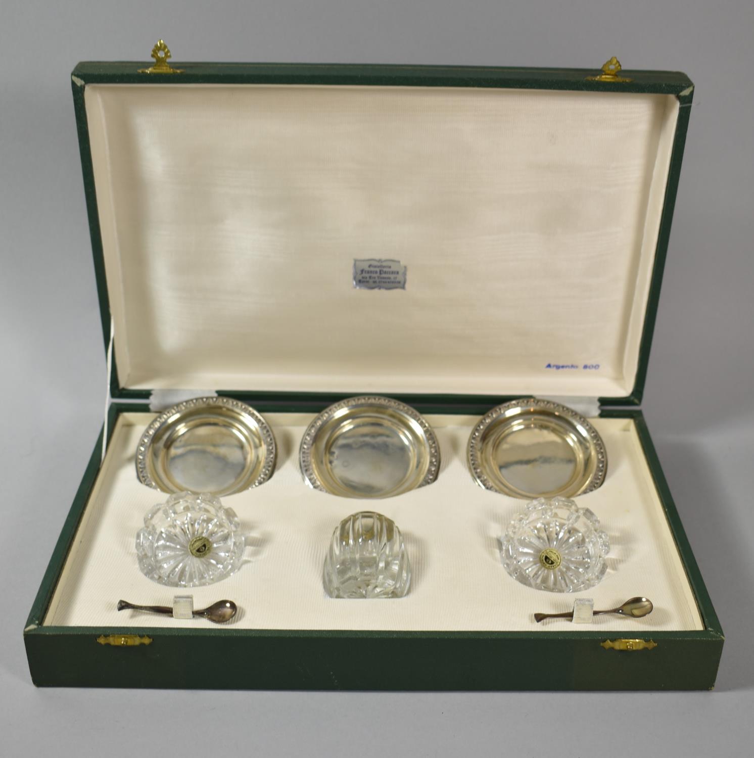 A Mid 20th Century Cased Italian Three Piece Cruet Set with Lead Crystal Containers and 800 Silver