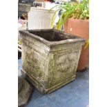 A Reconstituted Stone Square Patio Planter with Moulded Decoration, 40cm high