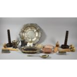 A Tray Containing Silver Plated Bowl, Pair of Turned Wooden Candle Sticks, Serpentine Table Lighter,