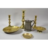 A Collection of Metalwares to Include One Single and One Pair of Brass Candlesticks, Various