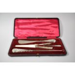 A Victorian Cased Set of Silver Handled Button Hook, Glove Stretcher, Shoe Horn etc