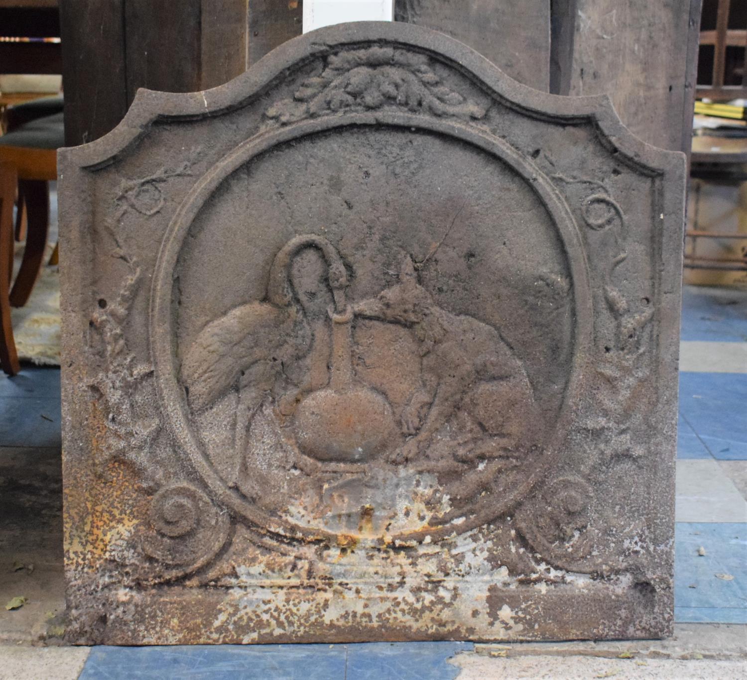 An Early 19th Century Nice Quality Heavy Cast Iron Fire Back Decorated In Relief with Aesop's Fable,