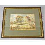 A Framed Victorian Watercolour Depicting Church and Barn, Signed E Wood, 1891, 21cm Wide