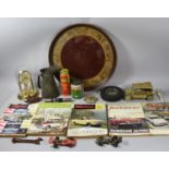 A Collection of Various Vintage Motoring Ephemera on a Copper Tray with Pillar Clock and