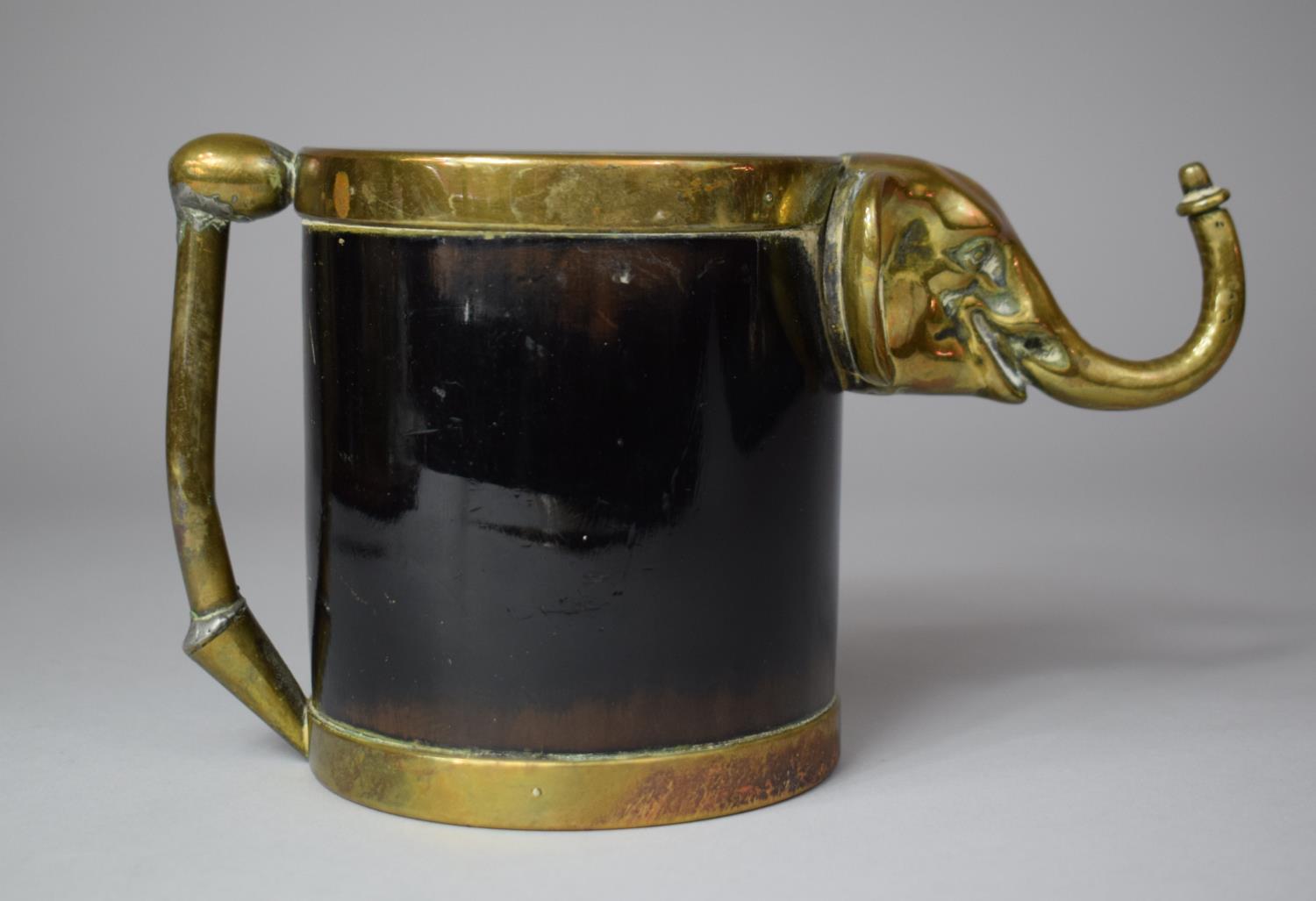 A Colonial Brass and Tortoiseshell Tankard with Glass Bottom and Hanging Hook in the Form of an - Image 5 of 7