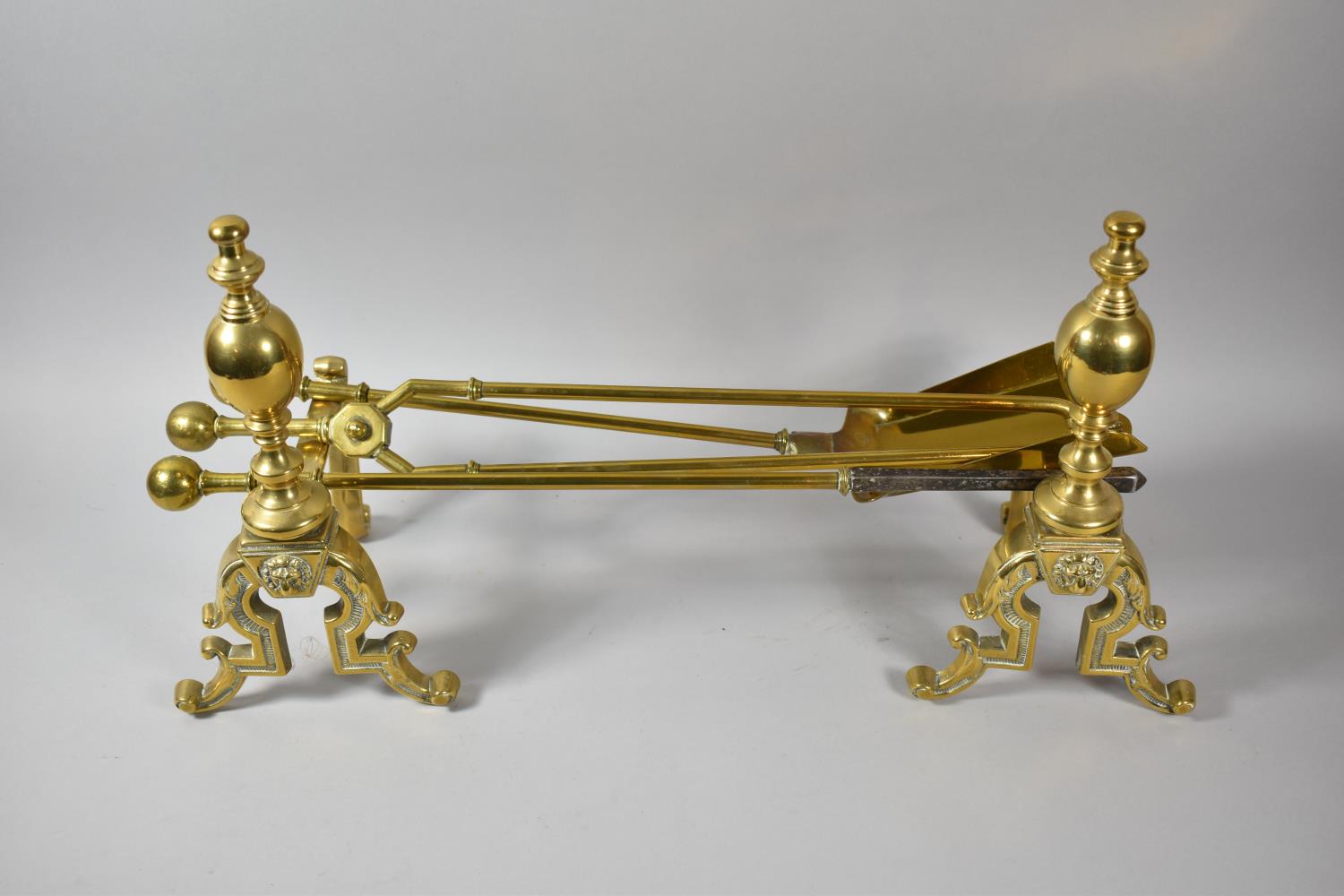 A Late 19th/Early 20th Century Brass Fireside Set Comprising Pair of Dogs and Three Long Handled