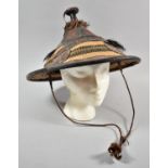 A Vintage African Fulani Wodaabe Conical Hat with Woven Plant Fibre and Leather (Mali), 37cm